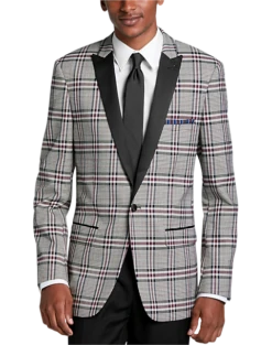 Paisley & Gray Slim Fit Dinner Jacket, Gray And Berry Plaid