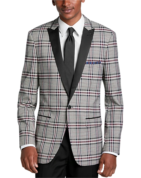 Paisley & Gray Slim Fit Dinner Jacket, Gray And Berry Plaid 1 Paisley & Gray Slim Fit Dinner Jacket, Gray And Berry Plaid
