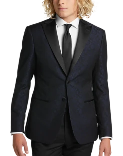 Egara Slim Fit Satin Peak Lapel Dinner Jacket, Dark Blue Patterned