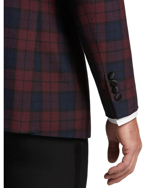 After Hours Slim Fit Satin Peak Lapel Dinner Jacket, Red Tartan Plaid 2 After Hours Slim Fit Satin Peak Lapel Dinner Jacket, Red Tartan Plaid - Image 2