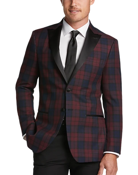 After Hours Slim Fit Satin Peak Lapel Dinner Jacket, Red Tartan Plaid 1 After Hours Slim Fit Satin Peak Lapel Dinner Jacket, Red Tartan Plaid