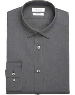 Calvin Klein Refined Cotton Stretch Supima Slim Fit Hidden Button-Down Collar Dress Shirt, Charcoal