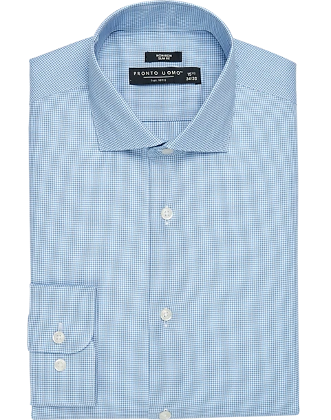 Pronto Uomo Non-Iron Slim Fit Spread Collar Dress Shirt, French Blue Gingham 1 Pronto Uomo Non-Iron Slim Fit Spread Collar Dress Shirt, French Blue Gingham
