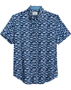 Con.Struct Slim Fit Short Sleeve Sport Shirt Navy & Blue Fish