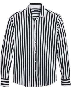 Zanetti Modern Fit Spread Collar Sport Shirt, Black And White Stripe