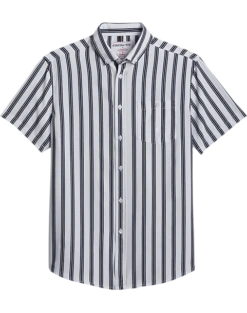 Report Collection Modern Fit Four-Way Stretch Short Sleeve Sport Shirt, Black & White Stripe